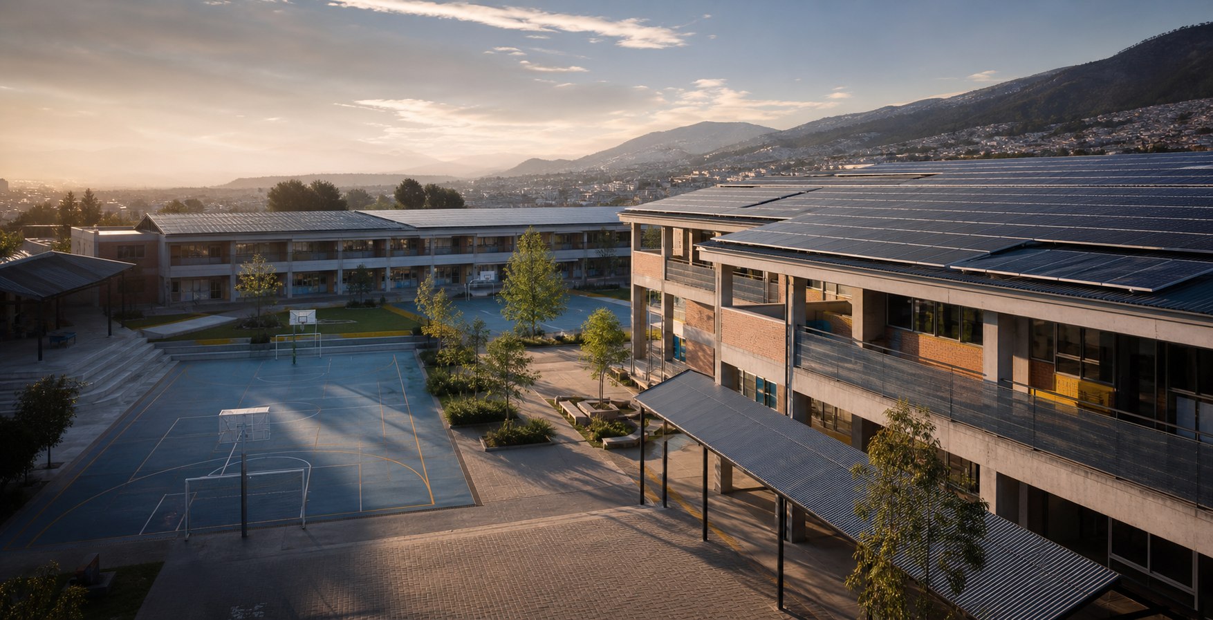 Colegio en Ecuador con paneles solares en sus cubiertas