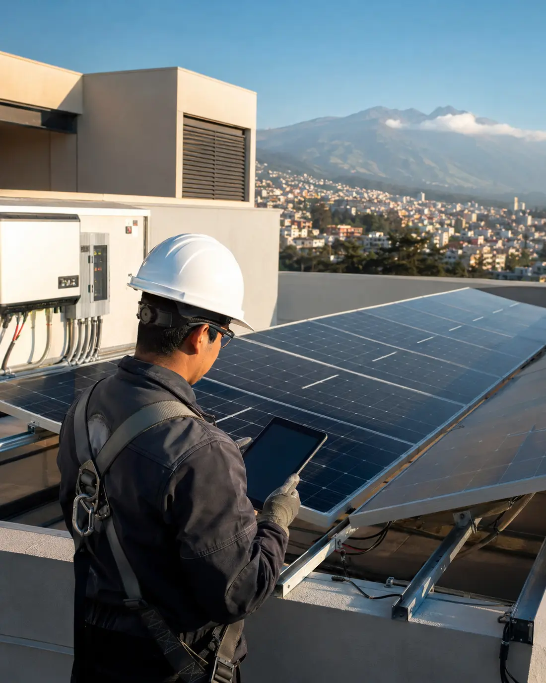 Técnico revisando una instalación de paneles solares en Quito